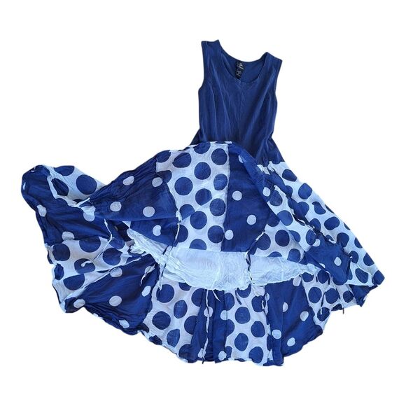 Retro Summer Maxi Dress Studio EY All the Dots Flowy Sundress Blue size L Large - Picture 4 of 11